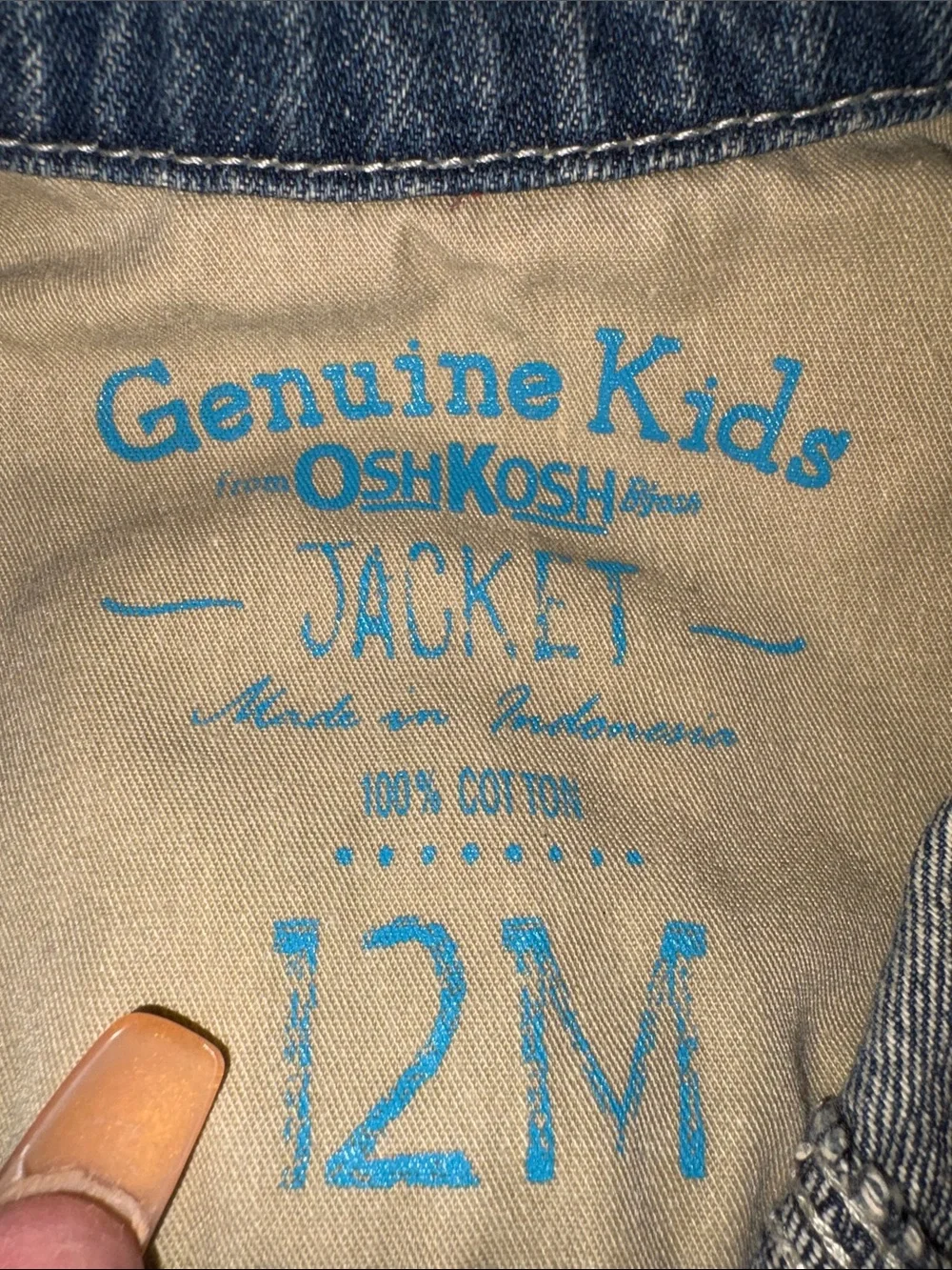 OshKosh Genuine Kids Denim Jacket - Blue 100% Cotton Size 12 Mths